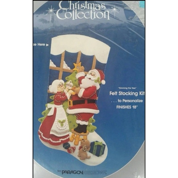 VTG 90s Paragon Finished Felt Christmas Stocking MR & MRS CLAUS DECORATING TREE - Picture 15 of 15